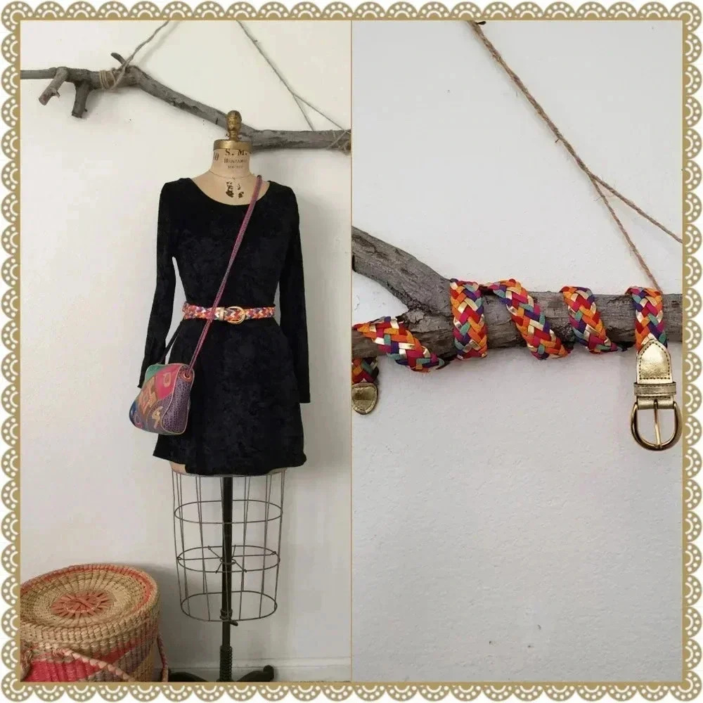✨BOGO FREE✨  Vintage Rainbow Gold Metallic Woven Disco Hippie Boho Belt